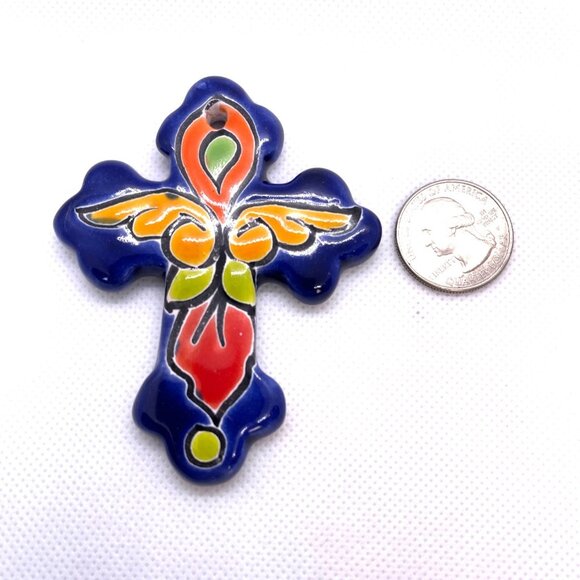Mexico Talavera Ceramic Hanging Wall Ornament Holy Cross Mini Blue Crucifix Art - Picture 3 of 9